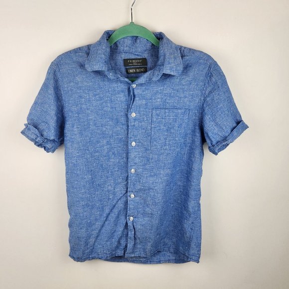 Primark Shirts Primark Mens Blue Linen Blend Short Sleeve Button Up